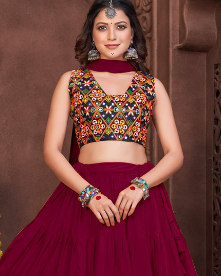 Maroon French Crepe Gamthi Work Navratri Special Chaniya Choli