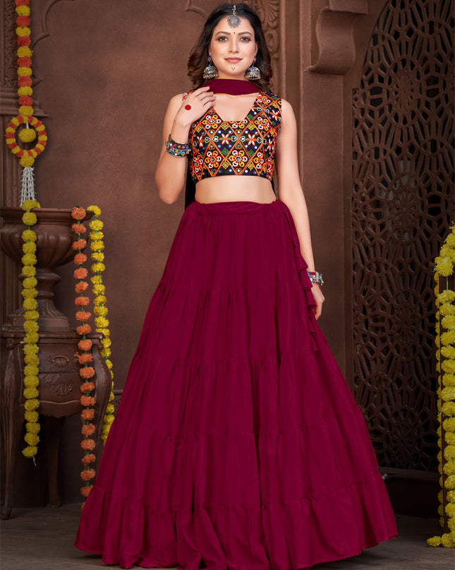 Maroon French Crepe Gamthi Work Navratri Special Chaniya Choli