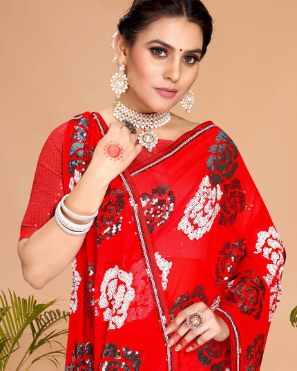 Red Georgette Sequence Designer Saree