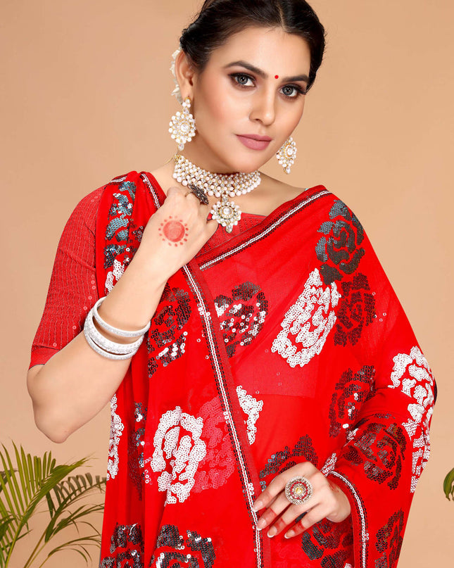 Red Georgette Sequence Designer Saree