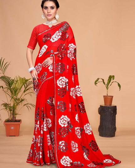 Red Georgette Sequence Designer Saree