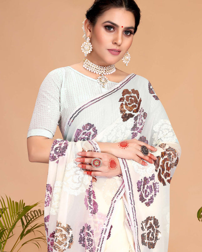 White Georgette Sequence Designer Saree