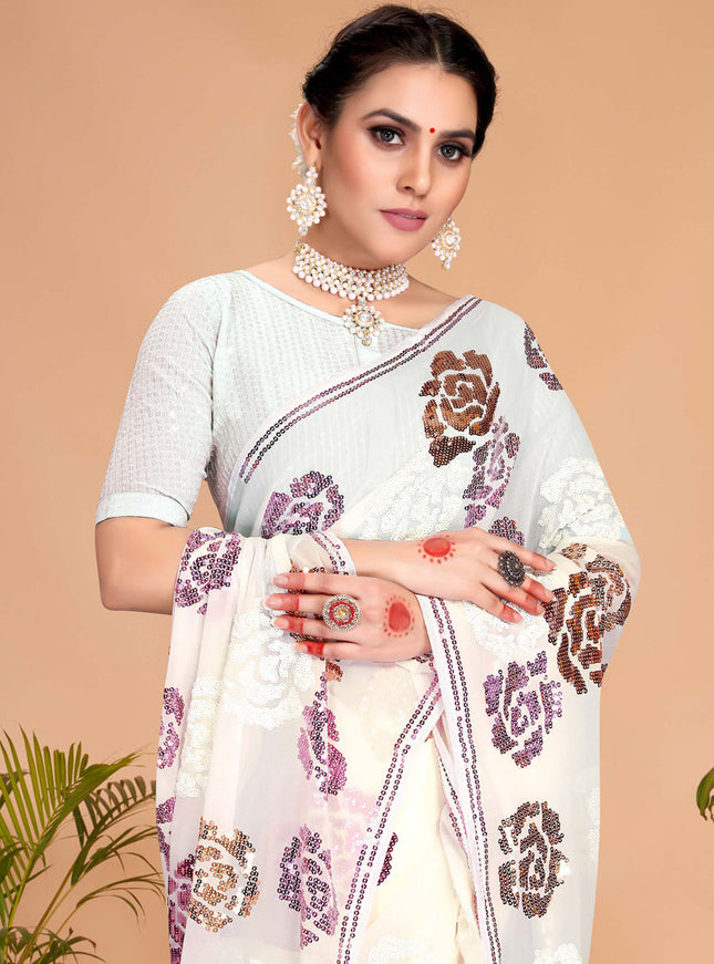 White Georgette Sequence Designer Saree