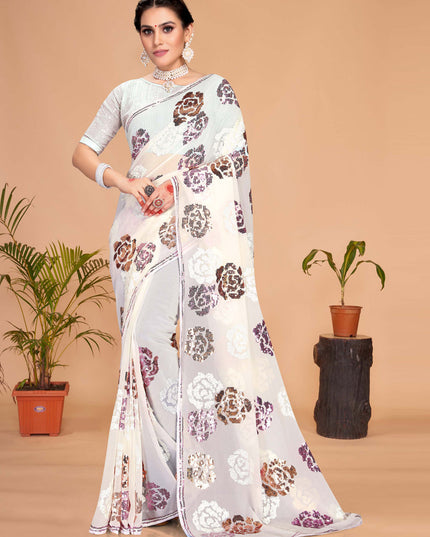 White Georgette Sequence Designer Saree