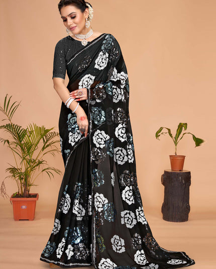 Black Georgette Sequence Designer Saree