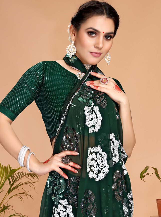 Green Georgette Sequence Designer Saree