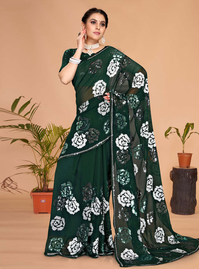 Green Georgette Sequence Designer Saree