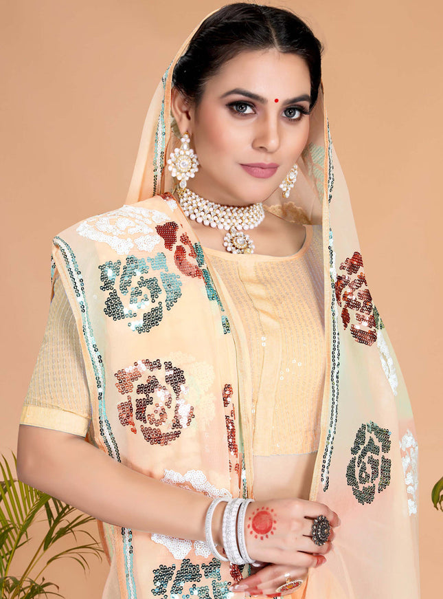 Cream Georgette Sequence Designer Saree
