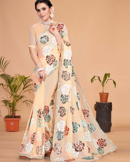 Cream Georgette Sequence Designer Saree