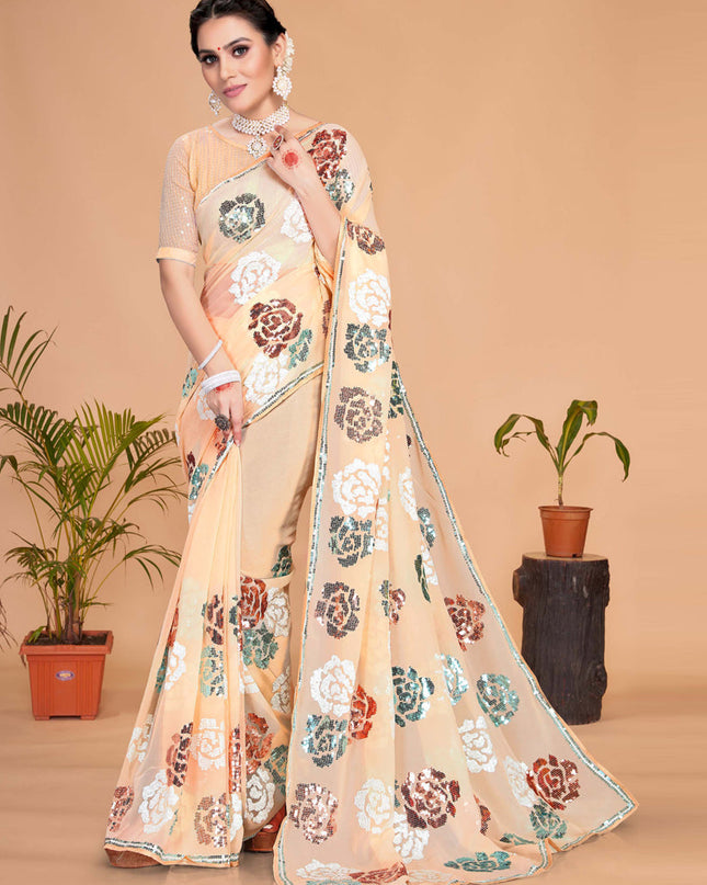 Cream Georgette Sequence Designer Saree