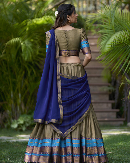 Moss Grey Cotton Zari Woven Lehenga Choli For Festival