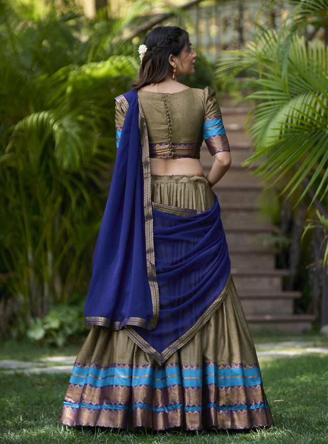 Moss Grey Cotton Zari Woven Lehenga Choli For Festival