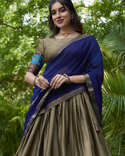 Moss Grey Cotton Zari Woven Lehenga Choli For Festival