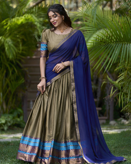 Moss Grey Cotton Zari Woven Lehenga Choli For Festival