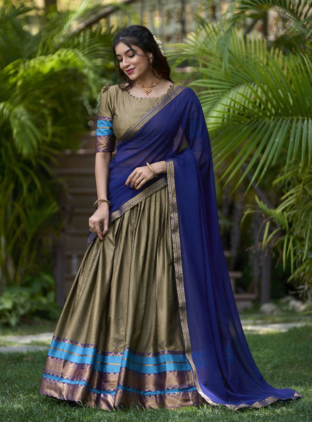 Moss Grey Cotton Zari Woven Lehenga Choli For Festival