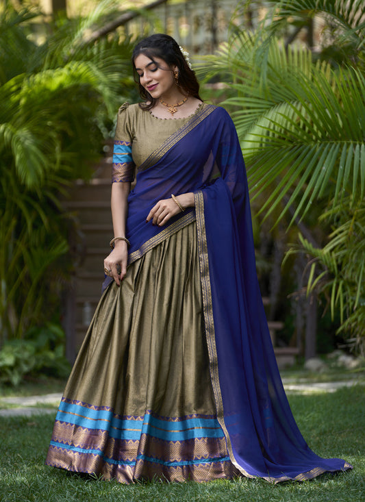 Moss Grey Cotton Zari Woven Lehenga Choli For Festival