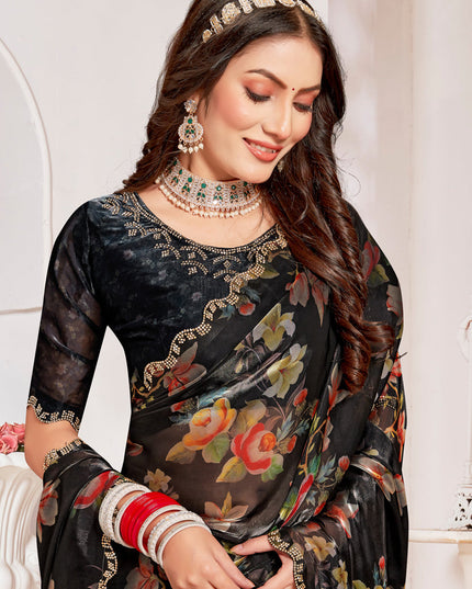 Black Organza Silk Embellished Saree For Festival