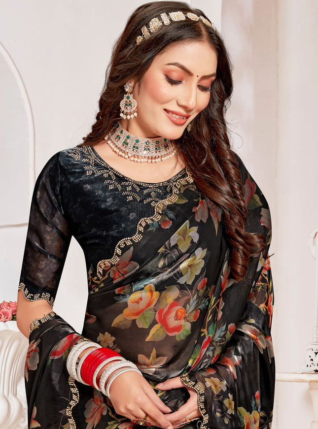Black Organza Silk Embellished Saree For Festival