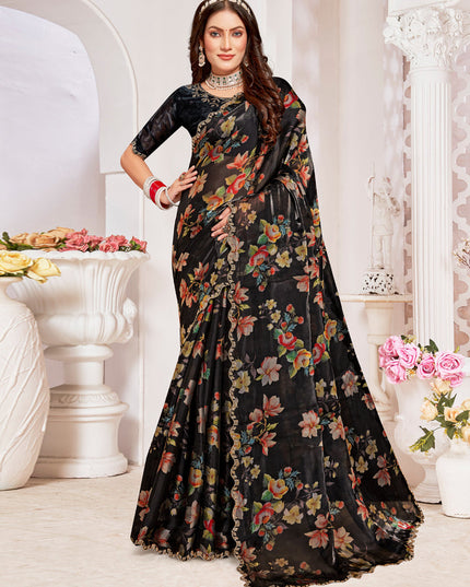 Black Organza Silk Embellished Saree For Festival