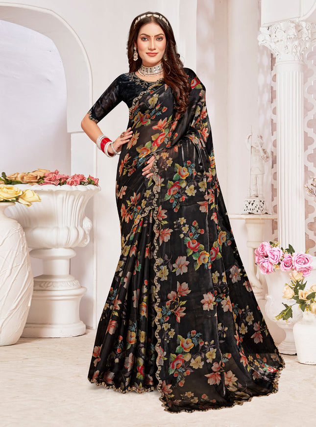 Black Organza Silk Embellished Saree For Festival