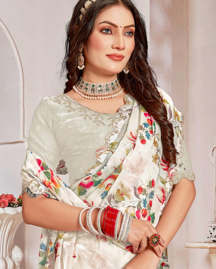 Off White Organza Silk Embellished Saree For Festival