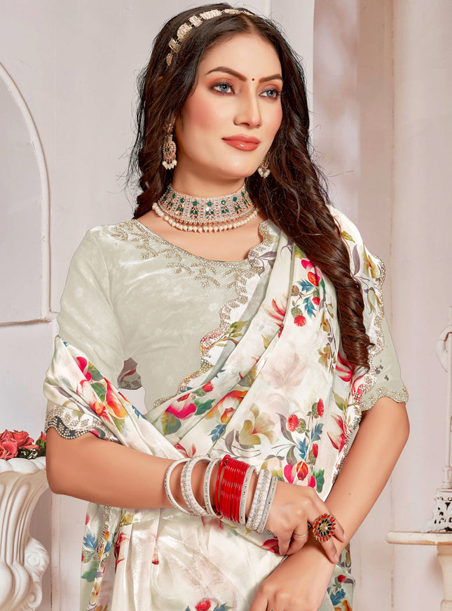 Off White Organza Silk Embellished Saree For Festival
