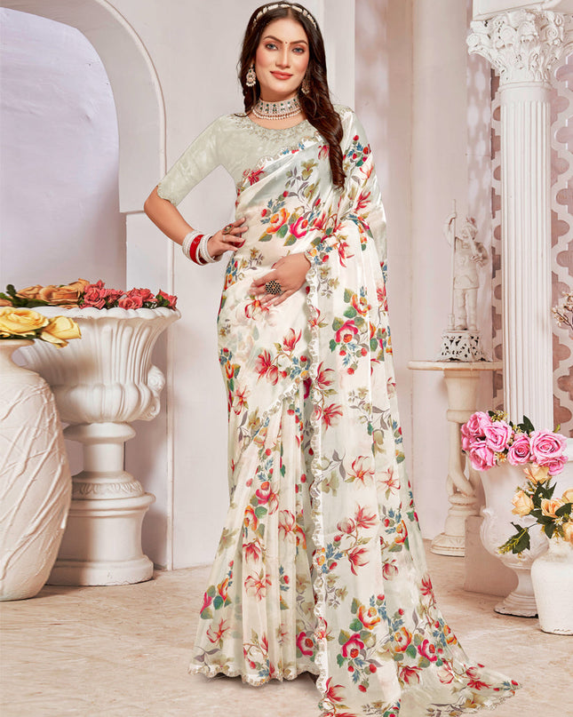 Off White Organza Silk Embellished Saree For Festival