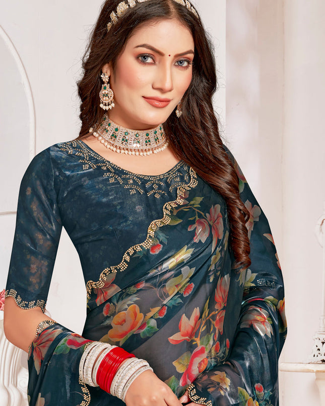 Prussian Blue Organza Silk Embellished Saree For Festival