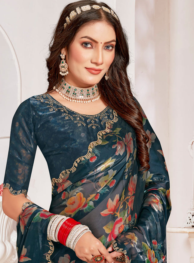 Prussian Blue Organza Silk Embellished Saree For Festival