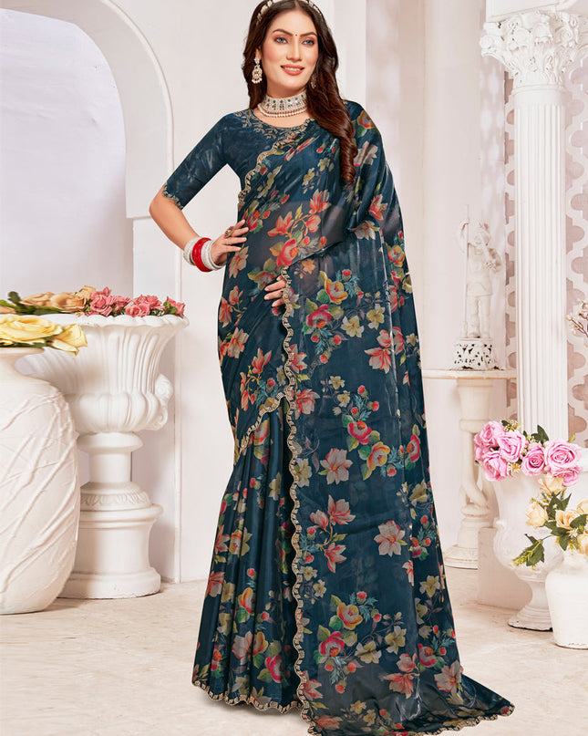 Prussian Blue Organza Silk Embellished Saree For Festival