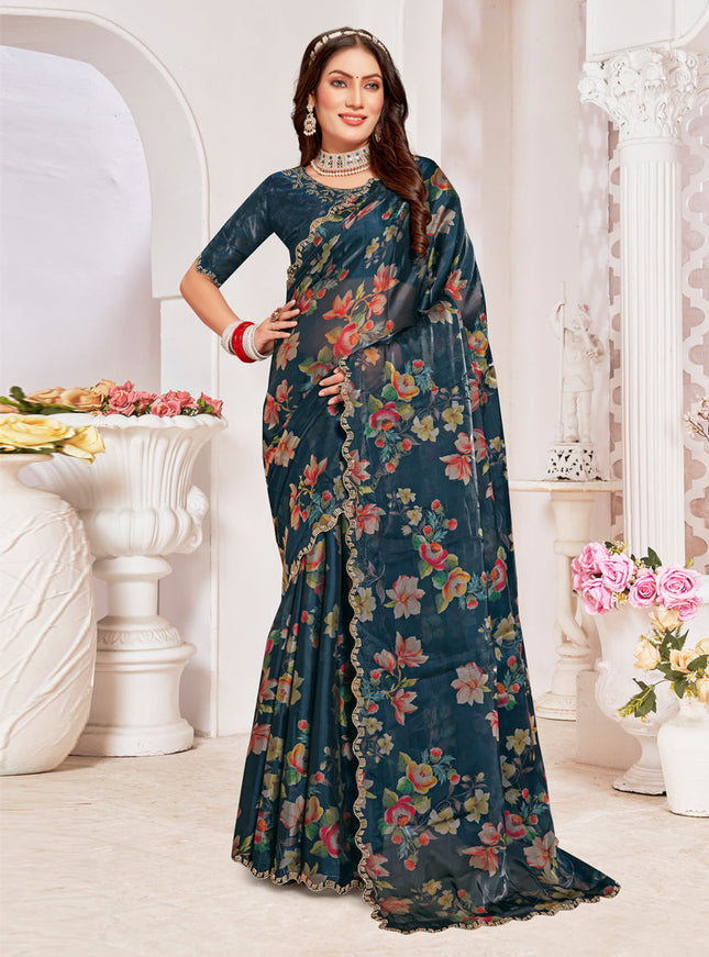Prussian Blue Organza Silk Embellished Saree For Festival