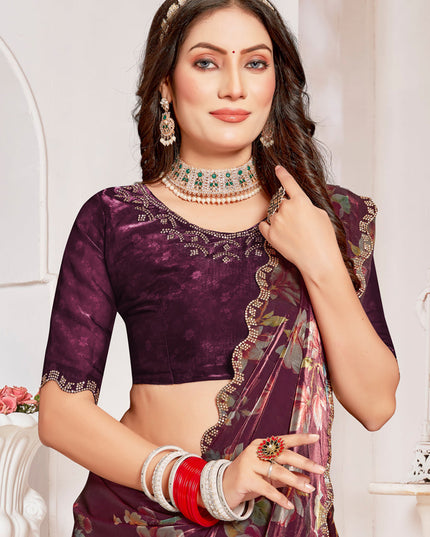 Burgundy Organza Silk Embellished Saree For Festival