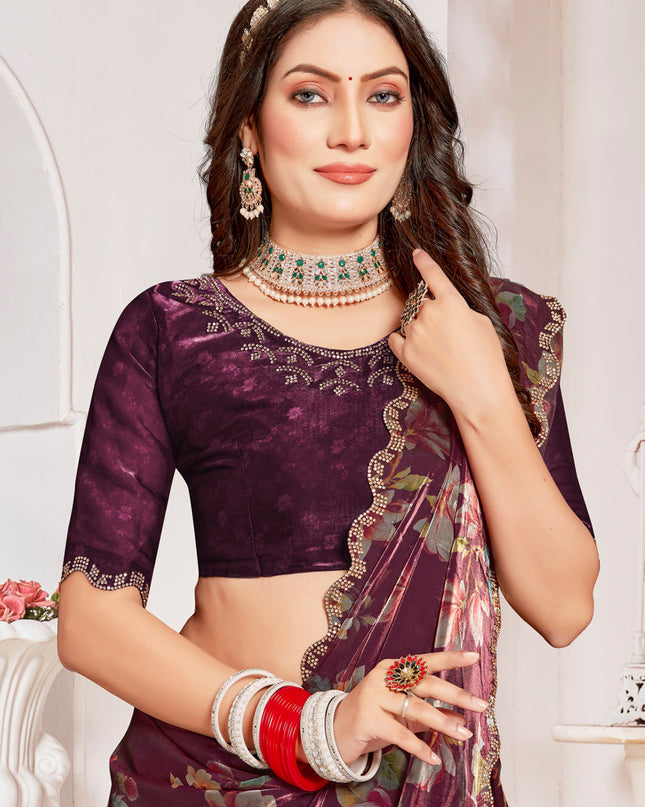 Burgundy Organza Silk Embellished Saree For Festival