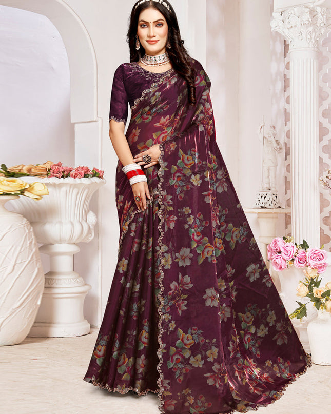Burgundy Organza Silk Embellished Saree For Festival