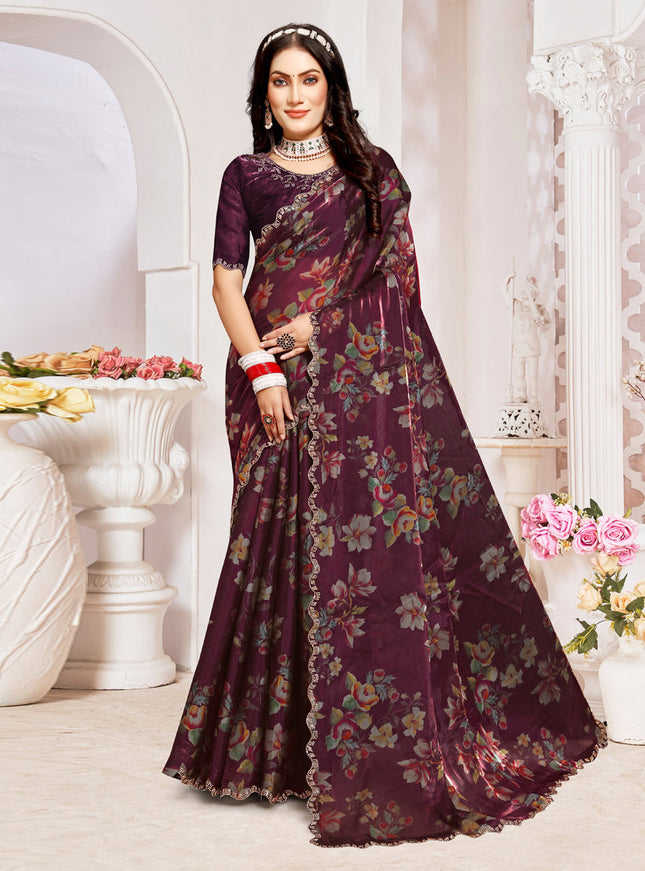 Burgundy Organza Silk Embellished Saree For Festival