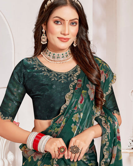 Pine Green Organza Silk Embellished Saree For Festival