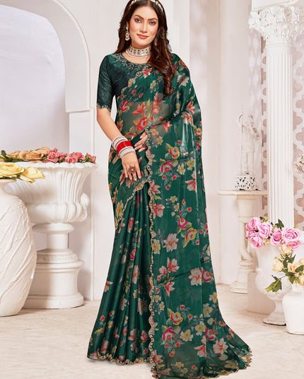Pine Green Organza Silk Embellished Saree For Festival