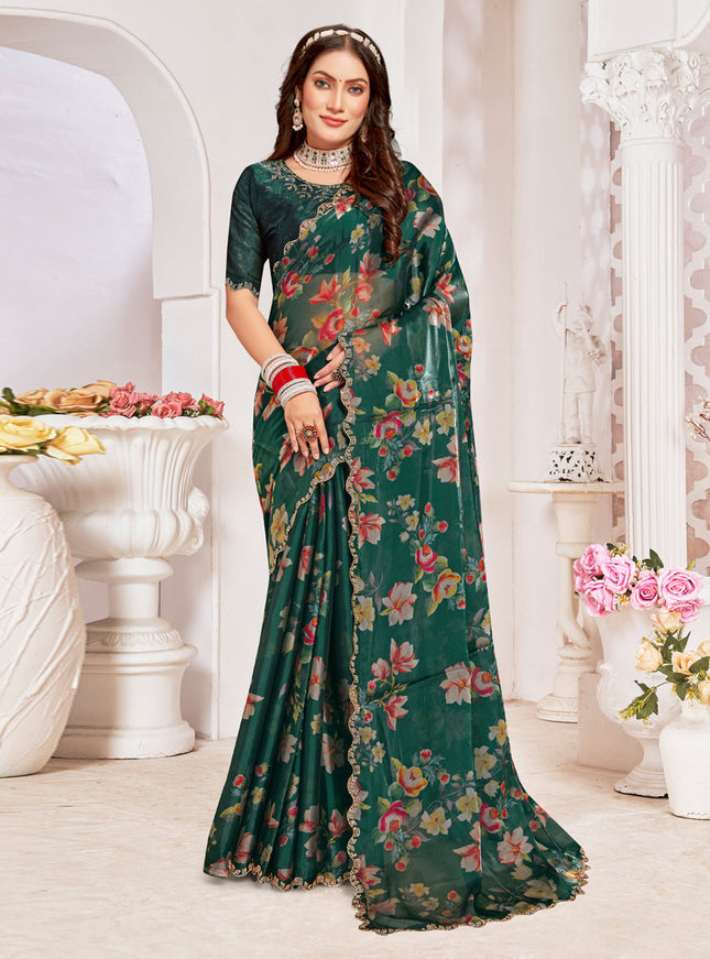 Pine Green Organza Silk Embellished Saree For Festival