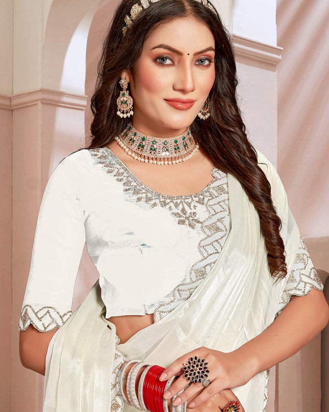 Cream Silk Party Wear Saree