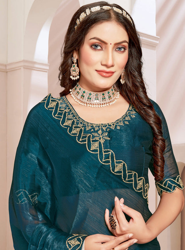 Peacock Blue Silk Party Wear Saree