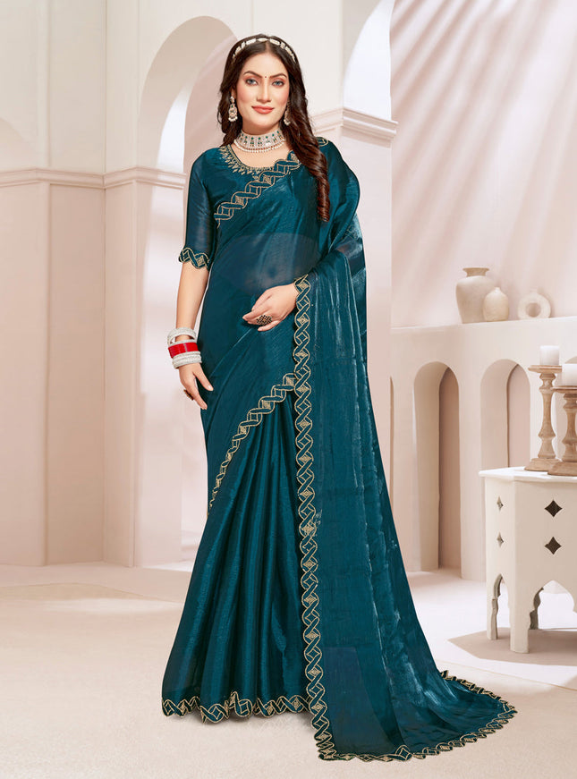 Peacock Blue Silk Party Wear Saree