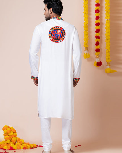 White Rayon Gamthi Work Navratri Special Kurta Set