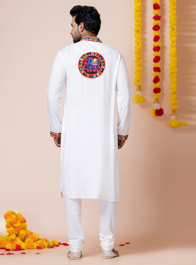 White Rayon Gamthi Work Navratri Special Kurta Set