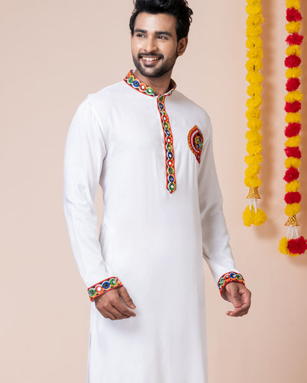 White Rayon Gamthi Work Navratri Special Kurta Set