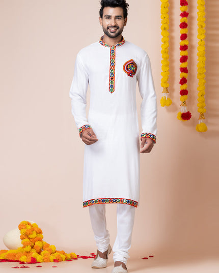 White Rayon Gamthi Work Navratri Special Kurta Set
