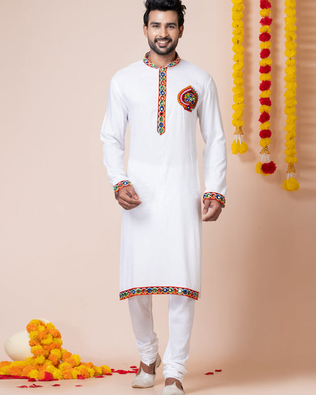 White Rayon Gamthi Work Navratri Special Kurta Set