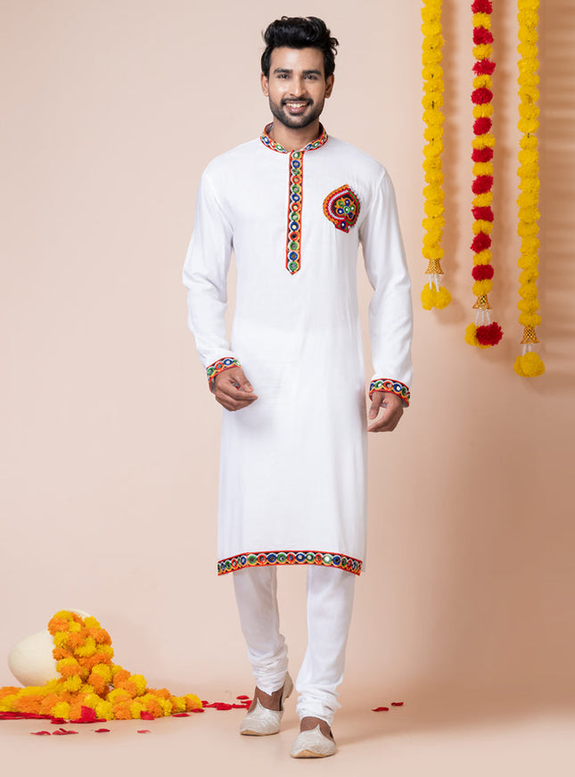 White Rayon Gamthi Work Navratri Special Kurta Set