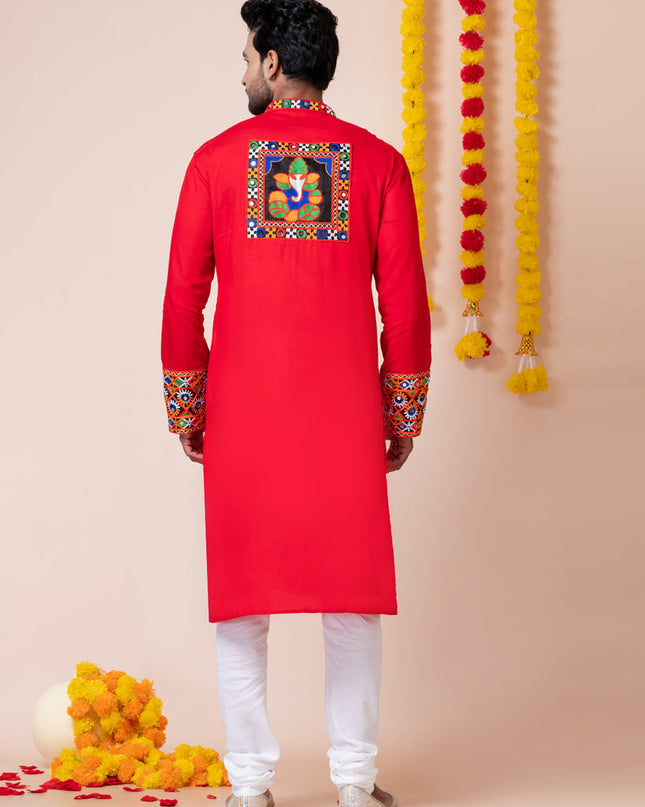 Red Rayon Gamthi Work Navratri Special Kurta Set
