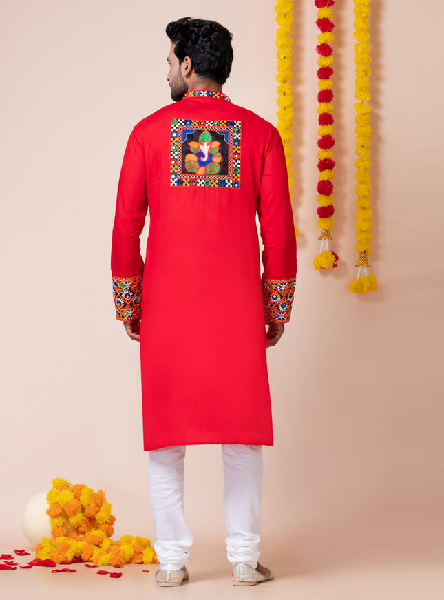 Red Rayon Gamthi Work Navratri Special Kurta Set