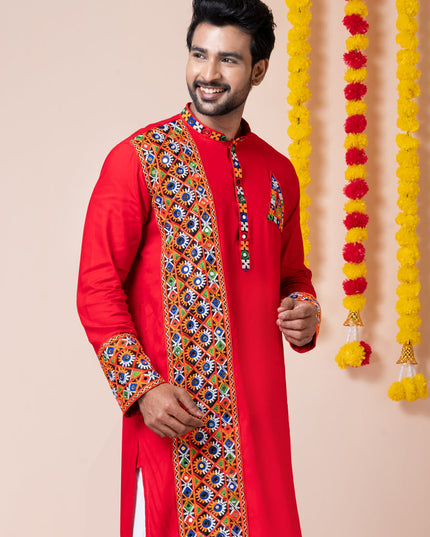 Red Rayon Gamthi Work Navratri Special Kurta Set